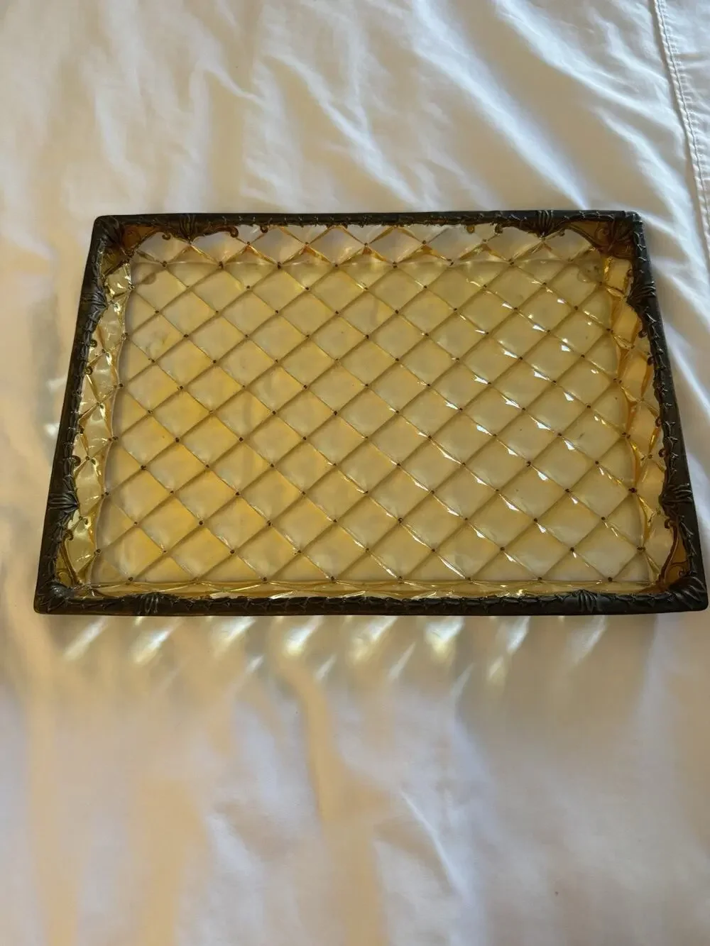 Quilted Pattern Bronze Tray Gold Brown Art Nouveau Vintage Inspired Amber Lucite